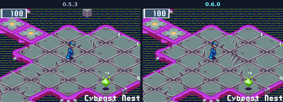 The Cybeast Nest: in 0.5.3 a grey cube floats in the void beside the floor, in 0.6.0 the void is empty
