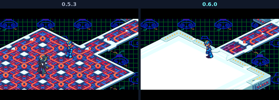 BlastMan's arena in the Robot Control Comp: in 0.5.3 paved with red circuit walkway tiles, in 0.6.0 a white slab like the comp's own platforms