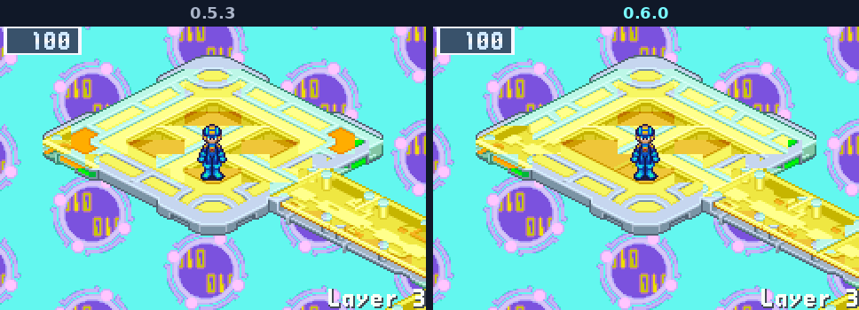 A Seaside Area platform: in 0.5.3 with broken orange arrows at its sides, in 0.6.0 without them