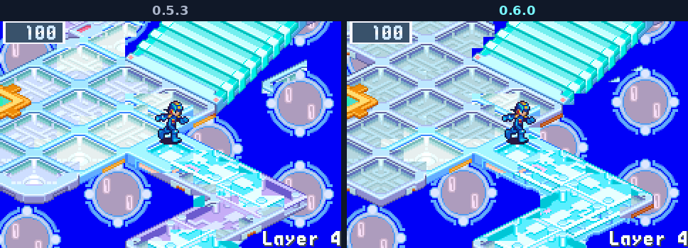 Sky Area's catwalks seen from the foot of a stair: in 0.5.3 with thick lavender edges and slivers beside them, in 0.6.0 thin cyan glass