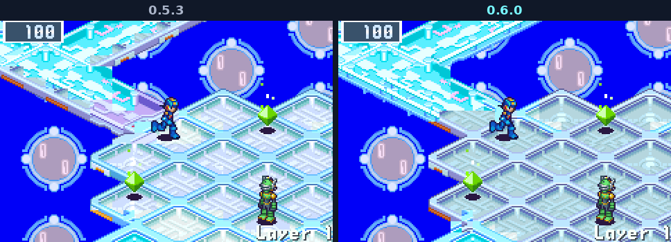 A catwalk meeting a field in Sky Area: in 0.5.3 with thick lavender edges and pink pieces, in 0.6.0 thin glass edges and framed squares