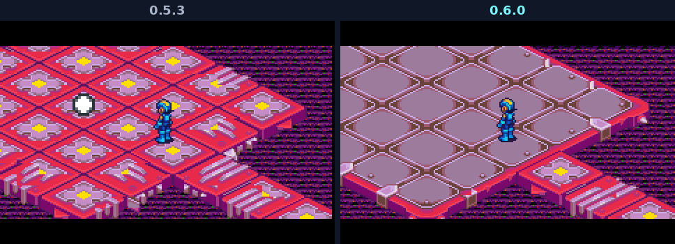 JudgeMan's arena on an Undernet layer: in 0.5.3 a jumble of the bridges' gem joints and striped planks, in 0.6.0 the Undernet's mauve stone