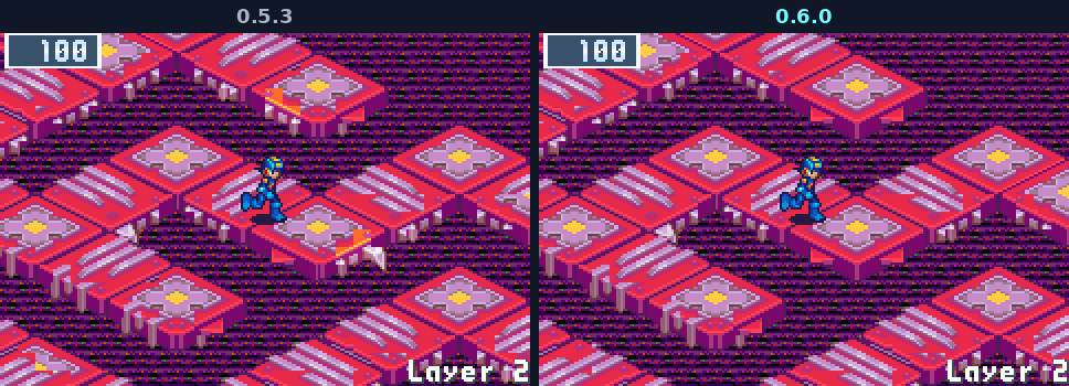 The Undernet's bridges in a maze of them: in 0.5.3 orange and yellow pieces of gems cut off in their planks, in 0.6.0 plain planks between whole joints