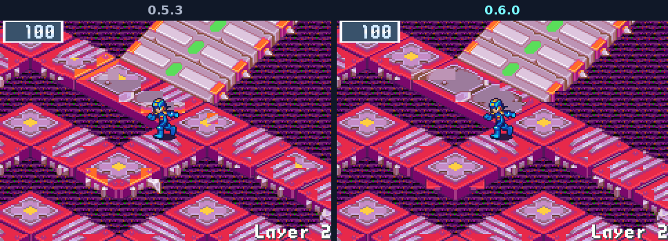 An Undernet layer beside a ramp: in 0.5.3 orange and yellow pieces of gem joints around it, in 0.6.0 whole joints and plain planks