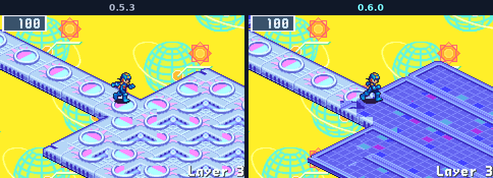 The guardian's arena in Mr. Weather Comp seen from a walkway: in 0.5.3 a field of pink fan domes, in 0.6.0 the comp's blue solar panels