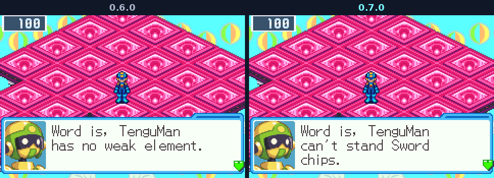 The Net Dealer before TenguMan's arena: in 0.6.0 he says TenguMan has no weak element, in 0.7.0 that TenguMan can't stand Sword chips