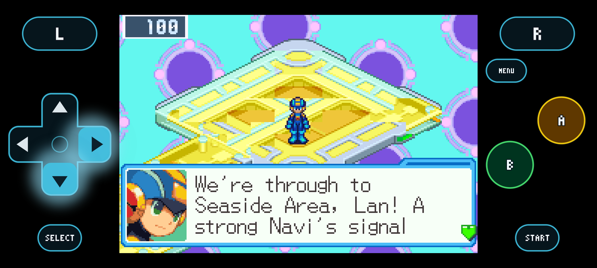 Cyberworld Endless on a phone held on its side: the game's picture in the middle, a D-pad on the left, A and B on the right, L and R and START and SELECT round it