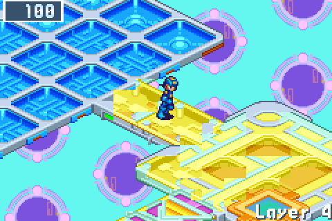 In Seaside Area MegaMan steps onto a lane of blue arrow panels, which carries him standing across to the next pad