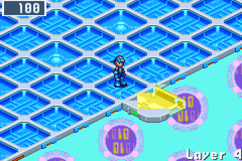 MegaMan walks off the edge of a Seaside platform across what looks like empty void to a lonely pad, and opens its Mystery Data: RegUP3