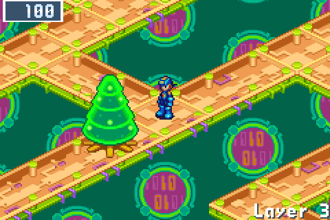A cybertree blocks a walkway in Green Area. MegaMan: We carry HeatMan's Cross data. Let's ask him to burn it! HeatMan: Leave it to me! The tree is gone, and MegaMan walks on