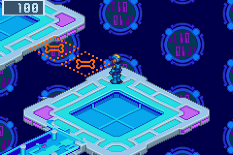 At a gap with bones over it in Cyberworld Endless's net, MegaMan throws two RushFood: two Rushes beam in, eat and lie across the gap, and MegaMan runs over them to an island holding a blue Mystery Data
