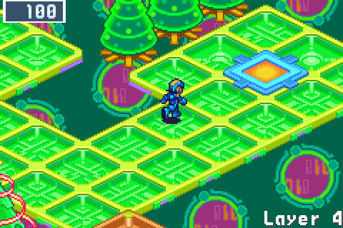 MegaMan steps onto a gem pad in Green Area and beams up; the camera scrolls across the void to an island, where he beams down, walks to its blue Mystery Data and gets AuraHed1 B