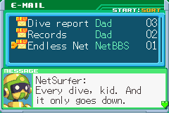 The PET's E-Mail with the Endless Net NetBBS mail open, a post in its poster's mugshot: NetSurfer: Every dive, kid. And it only goes down.