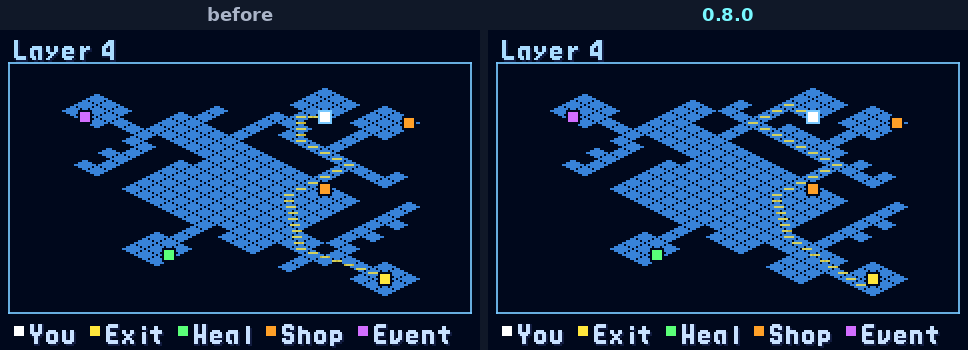 The same Seaside layer's map: before, the way from MegaMan to the exit crossed one-panel walkways; in 0.8.0 it runs on wide bands