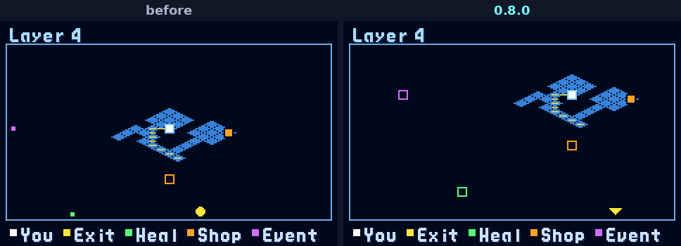 The map at the start of a Seaside layer: before, the services MegaMan senses sat as pips on the map's frame, read as standing at its edge; in 0.8.0 the map zooms out and shows them as rings where they stand, the exit as an arrowhead pointing its way