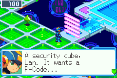 A pink security cube blocks a walkway in Central Area. MegaMan: A security cube, Lan. It wants a P-Code...