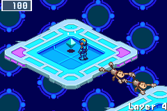 MegaMan across the gap on the island, by its blue Mystery Data