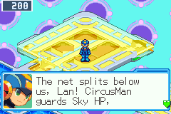 MegaMan: The net splits below us, Lan! CircusMan guards Sky HP,