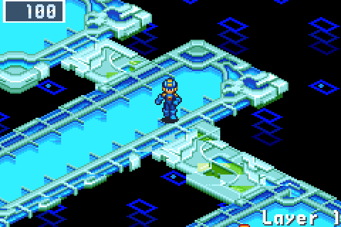 MegaMan walks Battle Network 5's ACDC Area until a battle breaks the map into blocks and fades to white; he fights a Mettaur and a CanGard in BN5's own battle screen