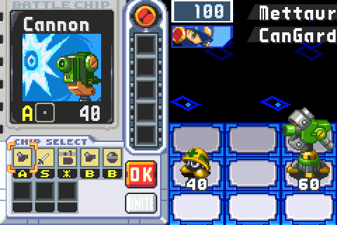 On Battle Network 5's Custom screen MegaMan picks BusterUp, presses UNITE and merges with NumberMan's Soul before the turn begins