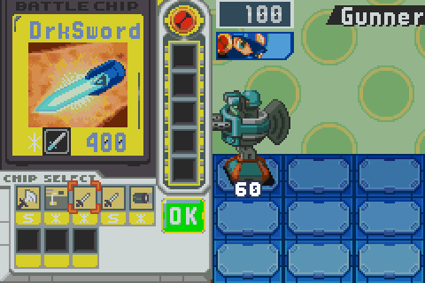 MegaMan picks DrkSword at 400 from his first hand, steps forward and cuts down a Gunner with a purple dark slash