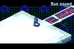 MegaMan steps into BlastMan's arena and a Run saved note shows in the corner