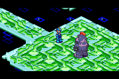KnightMan in his own Battle Network 5 sprite across from MegaMan in ACDC Area's arena