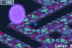 MegaMan on Nebula Area's purple and teal cobbles beside a swirling purple dark hole
