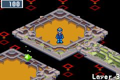 MegaMan on an orange hub of Oran Area, olive circuits running off past a green Mystery Data under a field of red diamonds