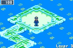 MegaMan in a pale SciLab hub framed in cyan and green circuits over a blue backdrop of drifting binary