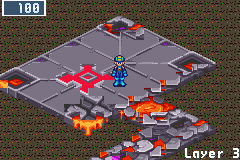 MegaMan on the mauve stone plates of Battle Network 5's Undernet beside a glowing emblem, lava at the plates' corners