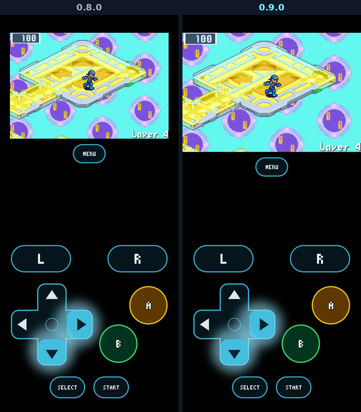 The same moment on an upright phone: in 0.8.0 the picture had black bars at its sides; in 0.9.0 it fills the screen's width above the touch controls