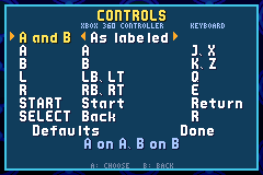 The new controls screen: each of A, B, L, R, START and SELECT with its Xbox controller button and its keyboard key, a preset row for A and B, Defaults and Done