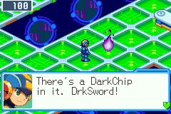 Beside a purple flame of darkness on Central Area's panels, MegaMan: There's a DarkChip in it. DrkSword!