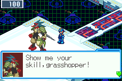 TenguMan, a Navi from Cybeast Falzar, in his battle sprite, talking with a portrait made from it: Show me your skill,grasshopper!