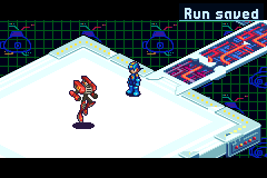 BlastMan waits in his arena in his own sprite from the game, facing MegaMan