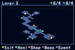 The layer map with SELECT held: violet marks for a security cube and a Link Navi's obstacle, and small green and blue crystals for the Mystery Data not taken yet