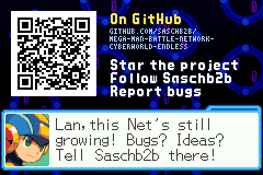 MegaMan in the chat box: Lan,this Net's still growing! Bugs? Ideas? Tell Saschb2b there! Above him a QR code and the GitHub address, with Star the project, Follow Saschb2b and Report bugs