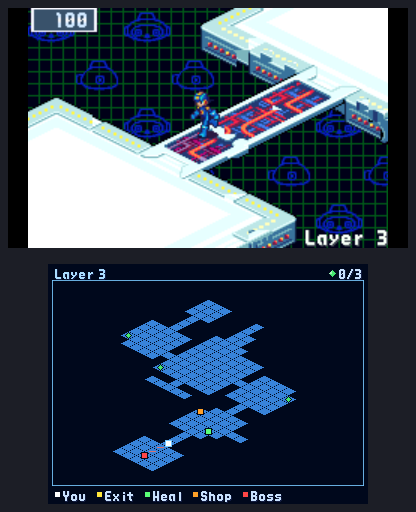 Two screens: the game on top with MegaMan near BlastMan's arena, and the layer's map below with MegaMan, the shop, the heal and the guardian's mark