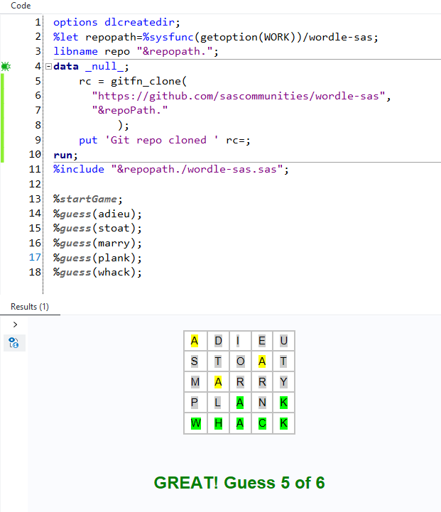 Example game in SAS EG