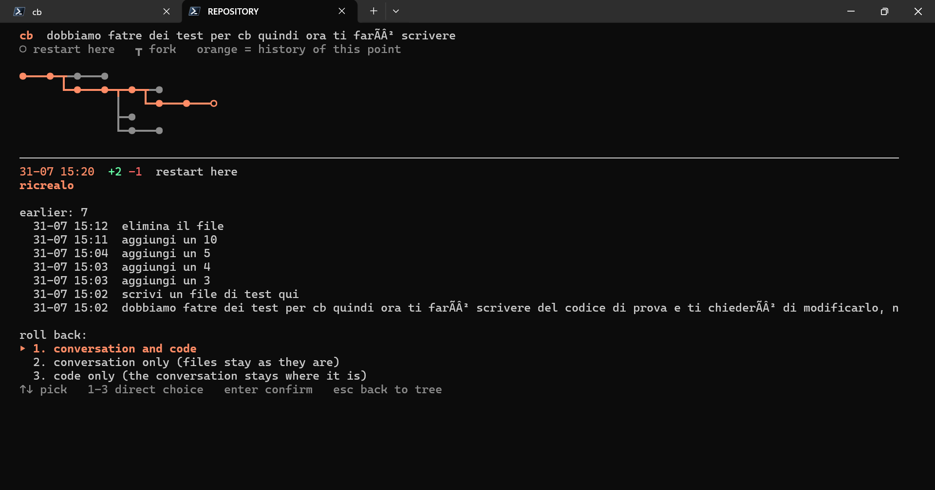 The tree of a conversation, with the restart menu open