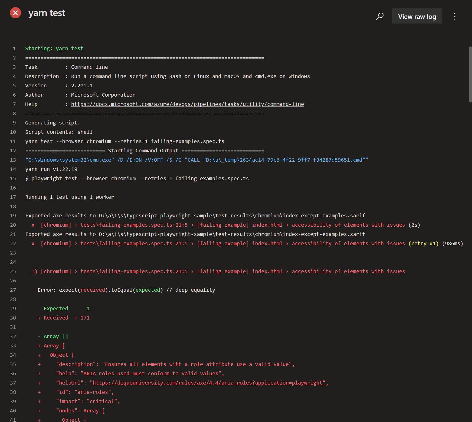 Screenshot of "yarn test" build logs in failing sample build