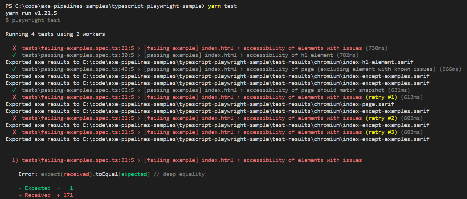 Screenshot of yarn test command showing 3 tests passing and 1 test failed
