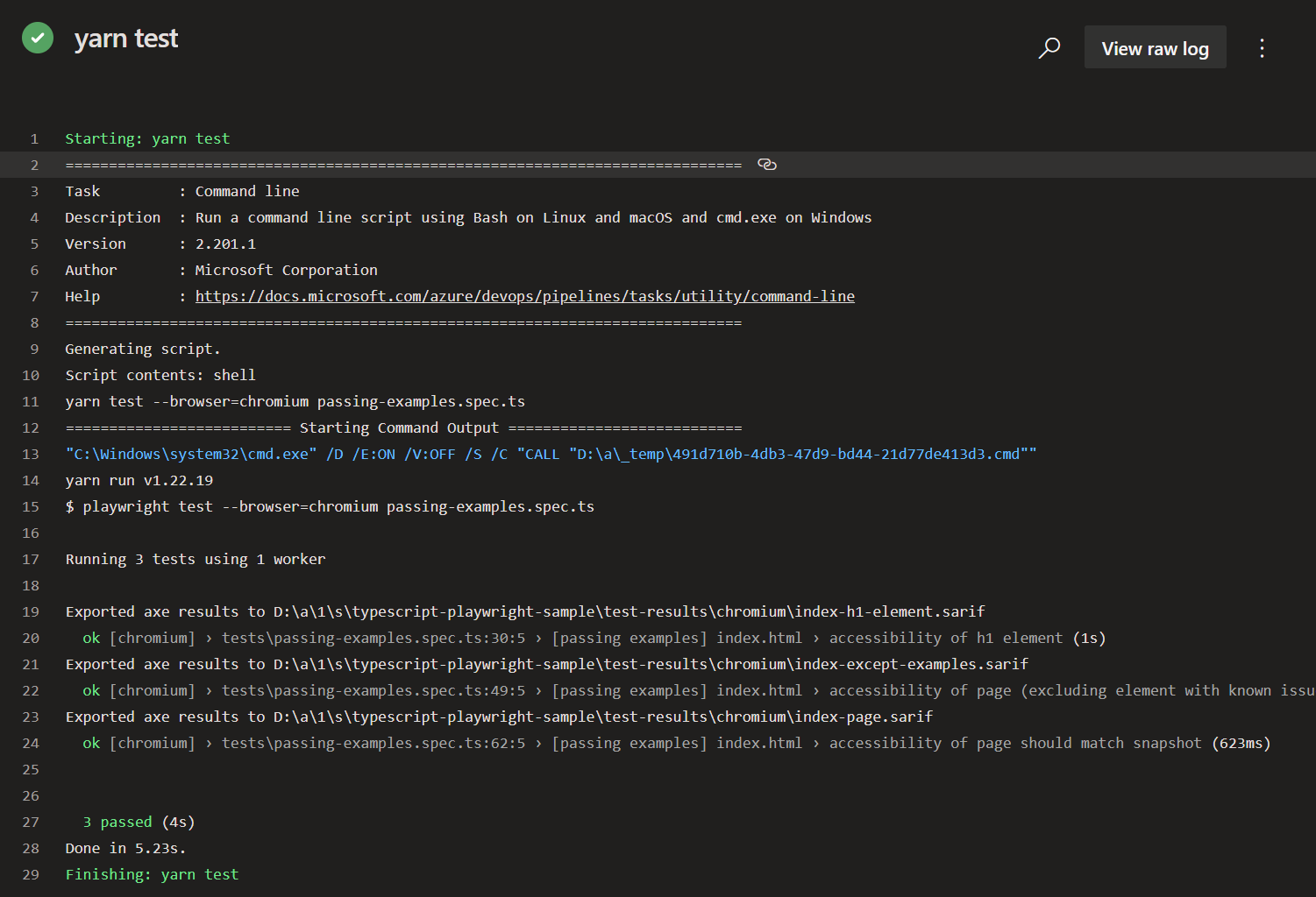 Screenshot of "yarn test" build logs in passing sample build