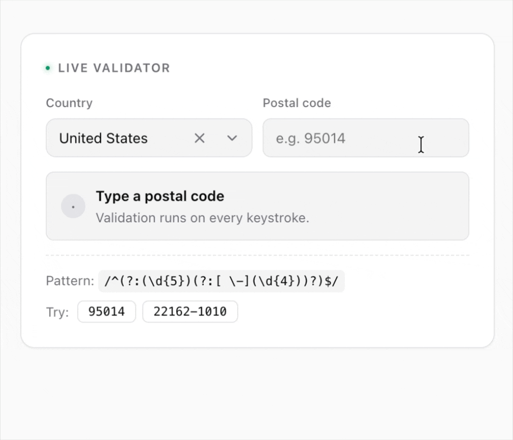 Validating postal codes for 249 countries in real time