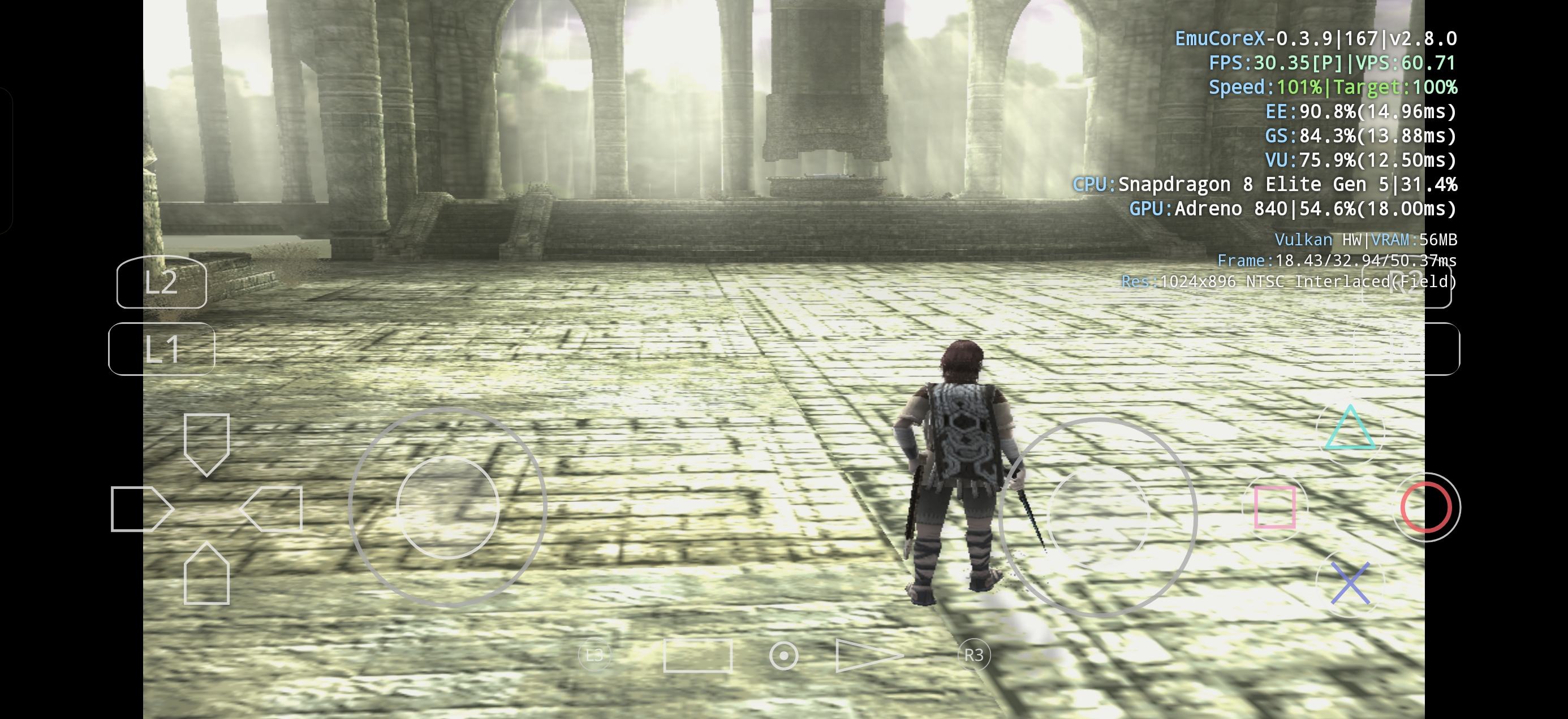Shadow of the Colossus executado pelo EmuCoreX com renderer Vulkan no Android