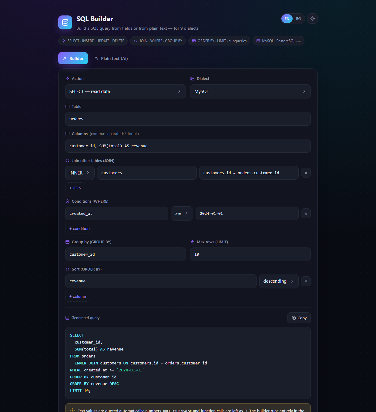 Визуален конструктор — полета за JOIN, WHERE, GROUP BY, ORDER BY, LIMIT и живо генериран SQL (тъмна тема)