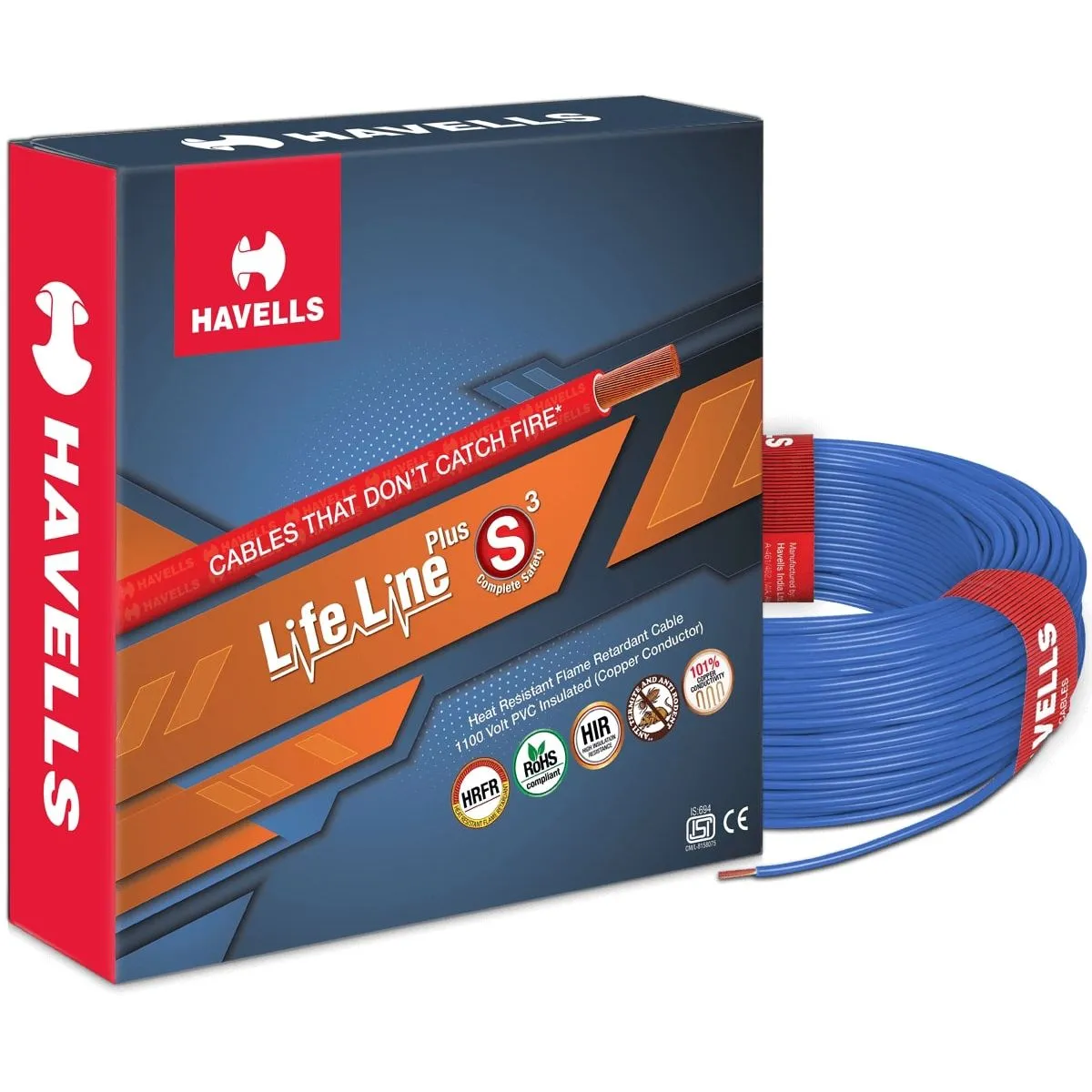 Havells Lifeline Plus S3 (HRFR) Wire 1.0 sq mm – Blue, 90 m Coil at Sathvik Electricals – Havells Galaxy, Naini, Prayagraj