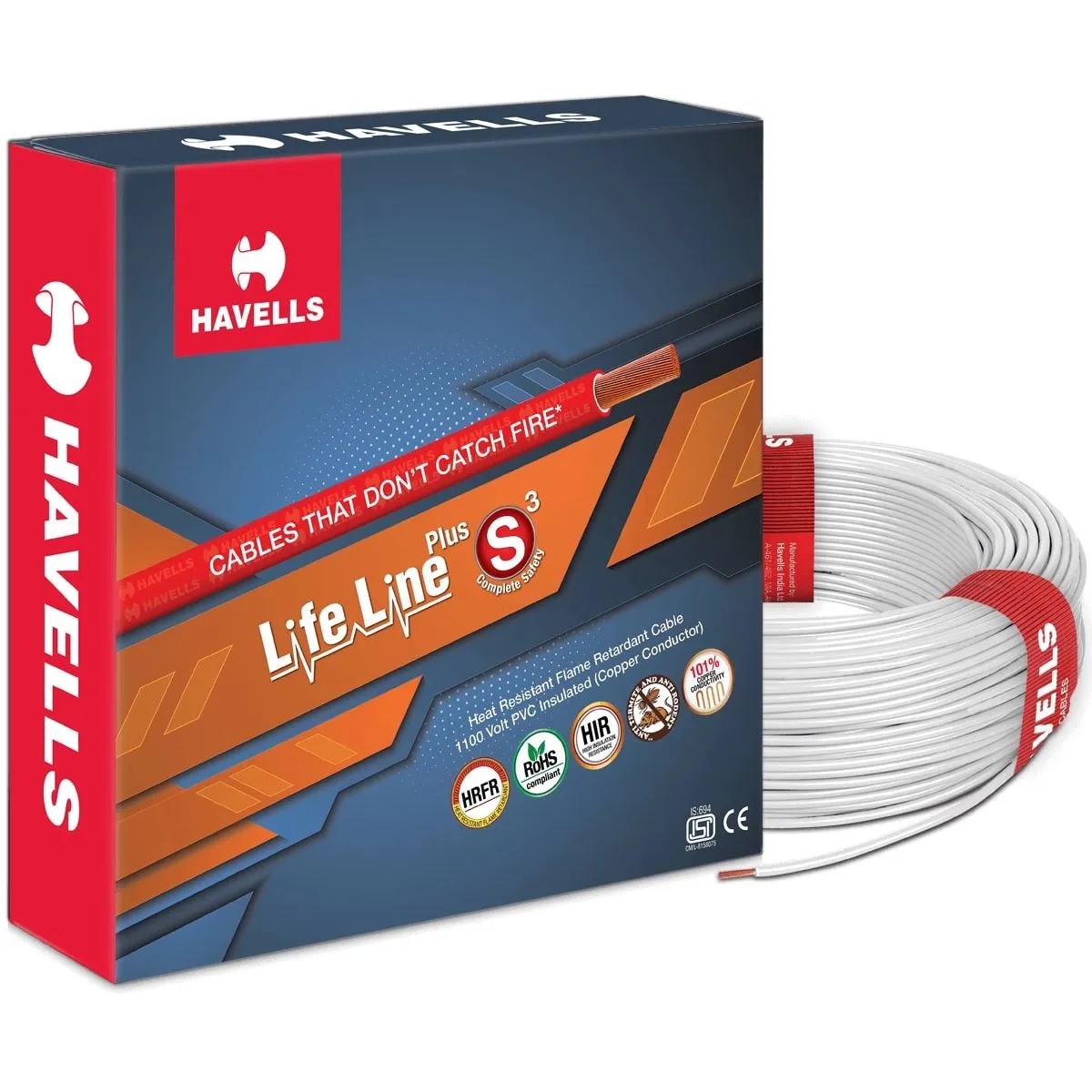 Havells Lifeline Plus S3 (HRFR) Wire 1.0 sq mm – White, 90 m Coil at Sathvik Electricals – Havells Galaxy, Naini, Prayagraj