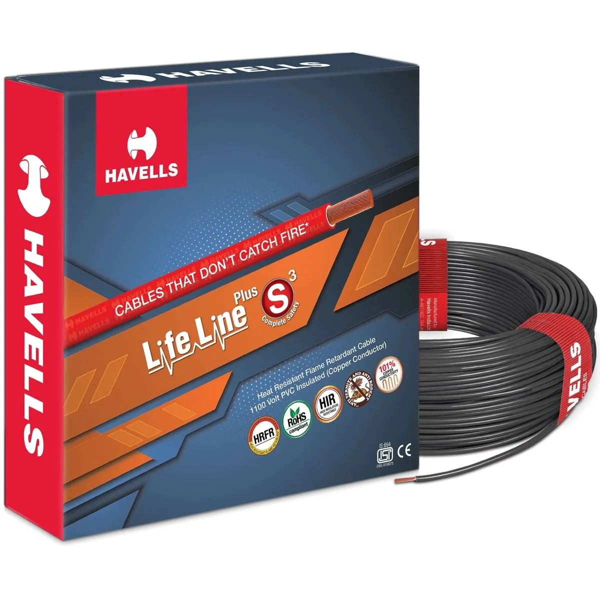 Havells Lifeline Plus S3 (HRFR) Wire 1.5 sq mm – Black, 90 m Coil at Sathvik Electricals – Havells Galaxy, Naini, Prayagraj